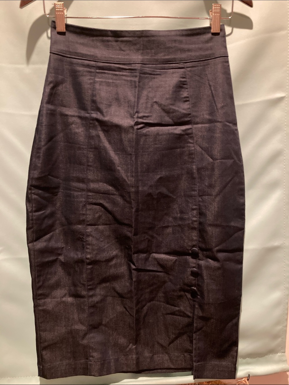 RockSteady Dark Denim High-Waist Pencil Skirt with Side Buttons